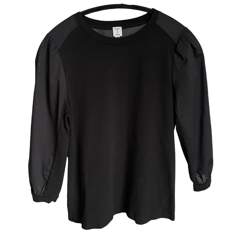 Tristan Black Bouffant Sleeve Top 3/4 Length Semi-Sheer Sleeves Crew Neck Size M
